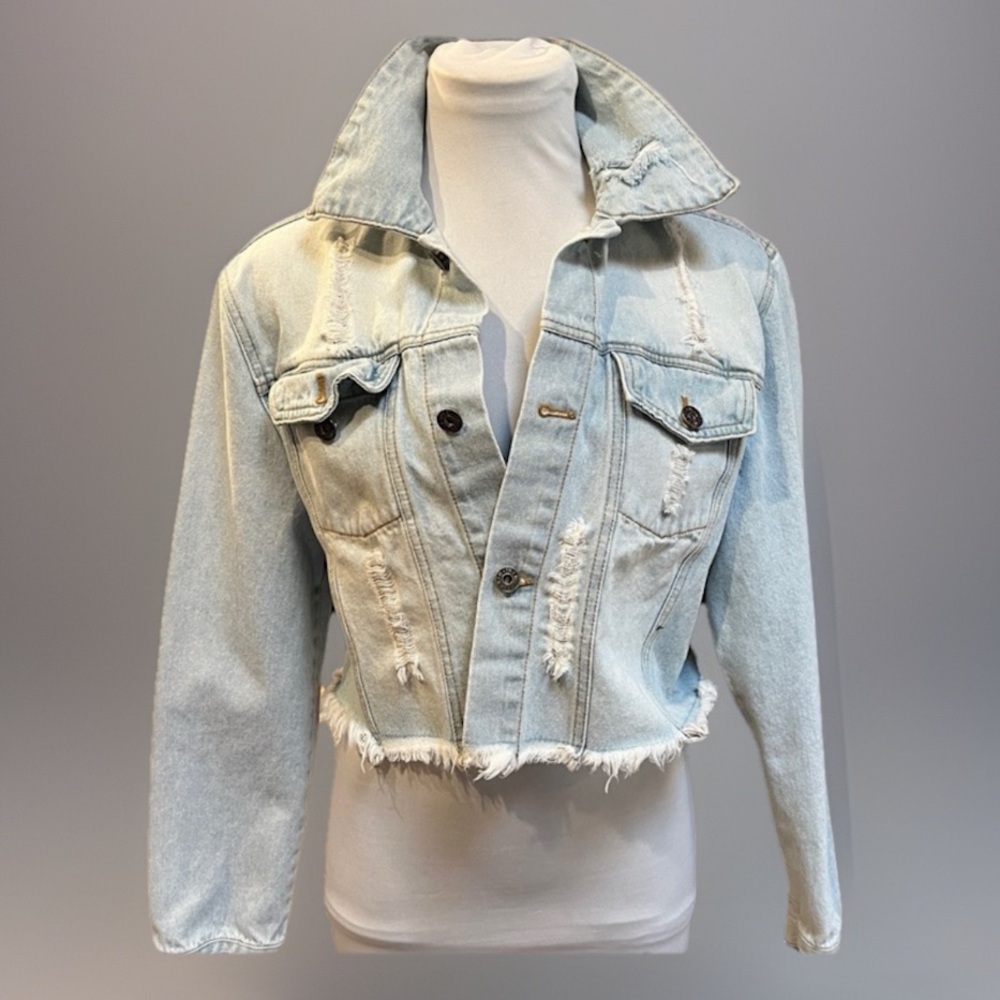 Light wash factory destroyed cropped, frayed premium denim Jean jacket